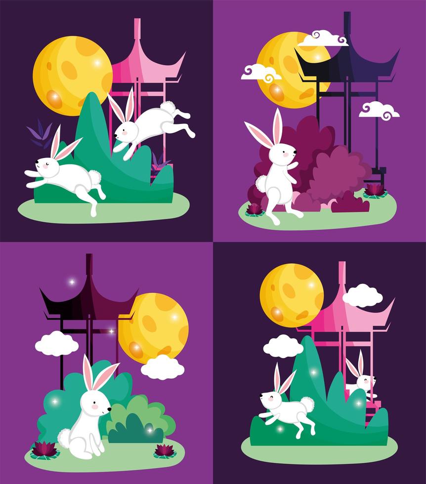 conejos feliz festival de la luna conjunto de ilustraciones vectoriales vector