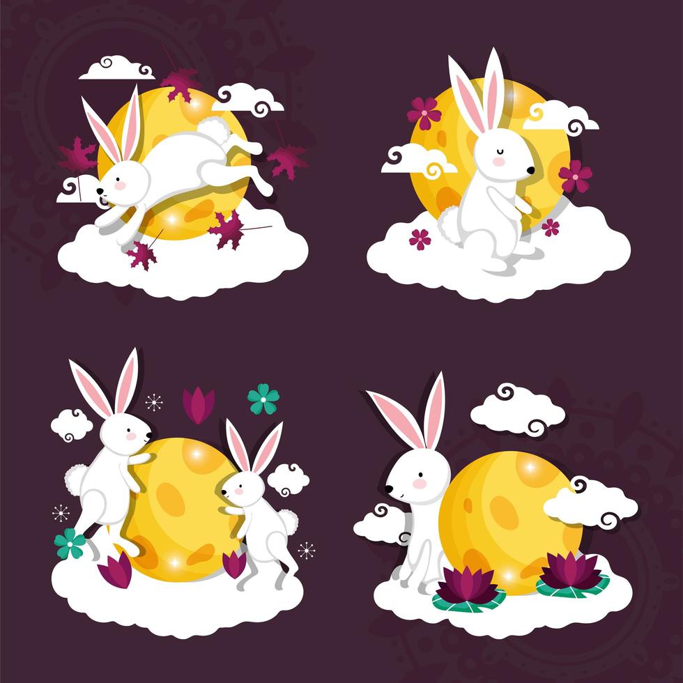 rabbits happy moon festival vector illustration set