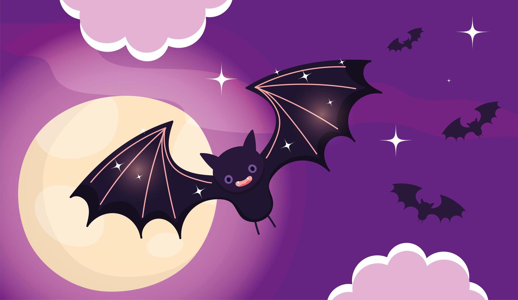 imagen de feliz halloween con lindos murciélagos voladores vector