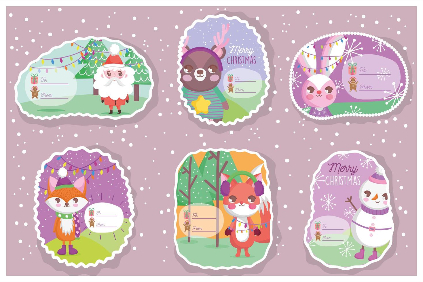 Christmas celebration tag set with winter characters vector