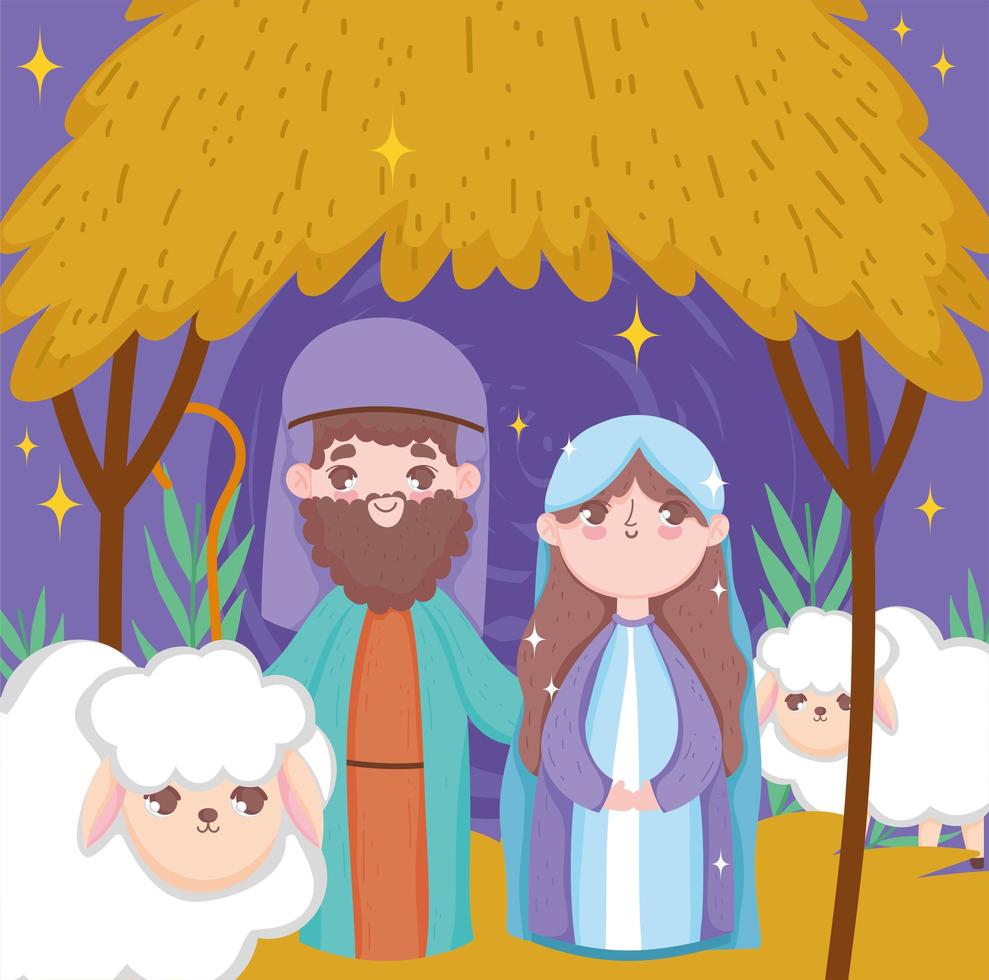 Merry Christmas and nativity with Mary and Joseph vector