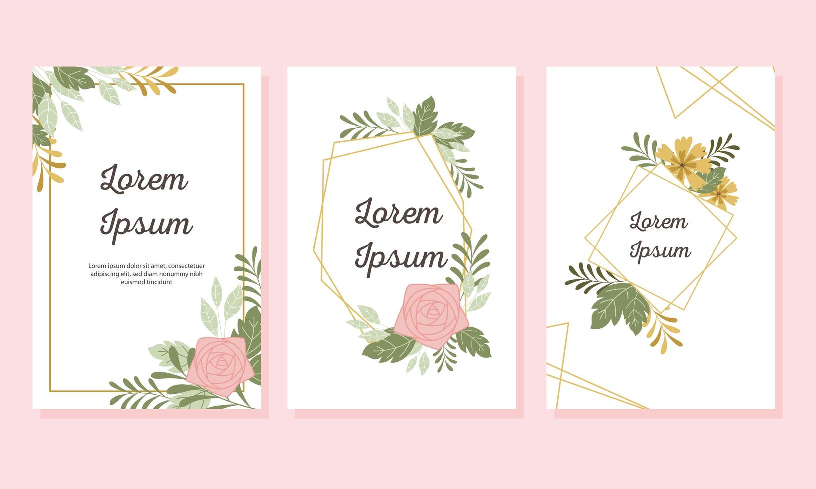 Wedding invitation card set with decorative frame e floral elements vector