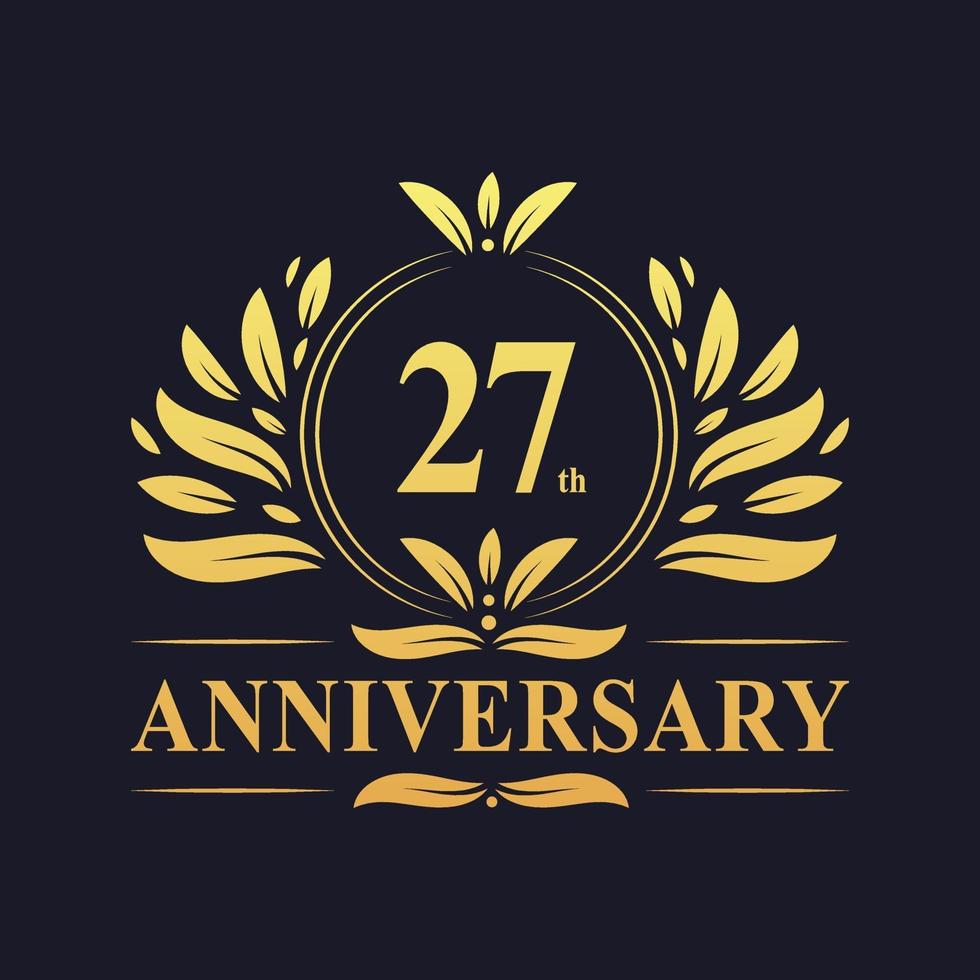 27th Anniversary Design, luxurious golden color 27 years Anniversary logo. vector