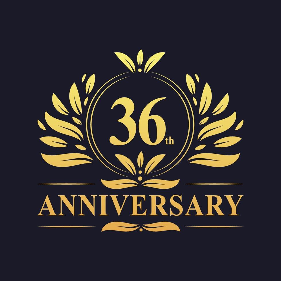Diseño de 36 aniversario, lujoso logo de aniversario de 36 años de color dorado. vector