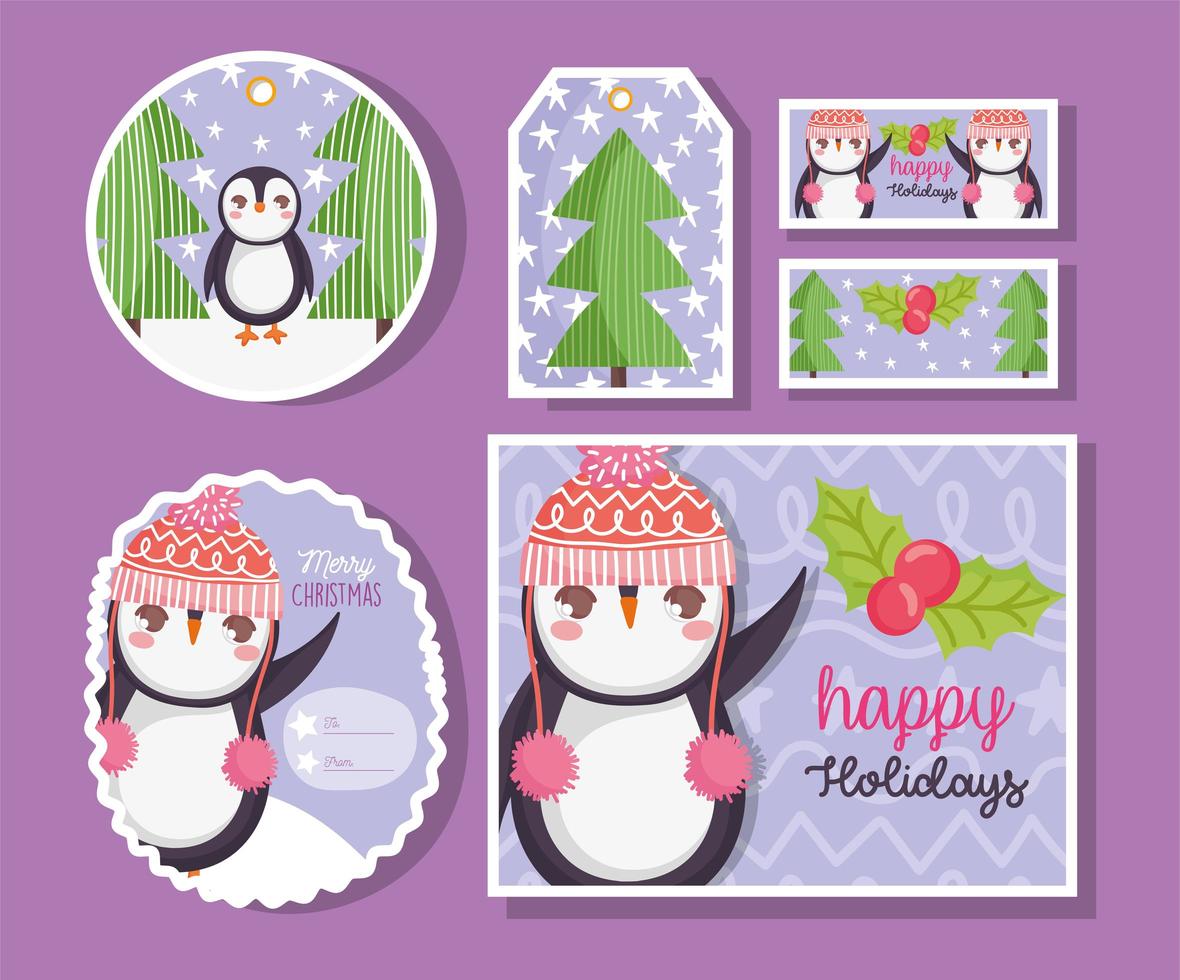 cute penguin for happy holidays tags vector