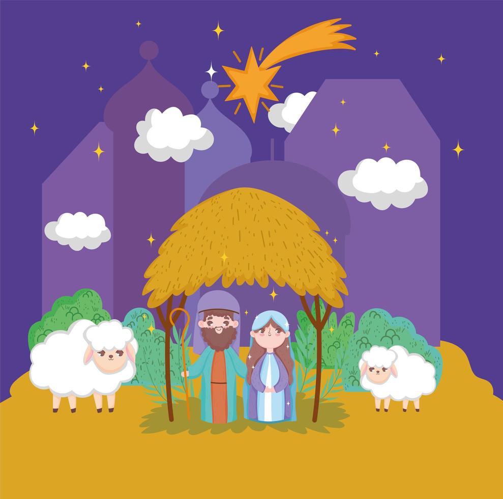 Merry Christmas and nativity with Mary and Joseph vector