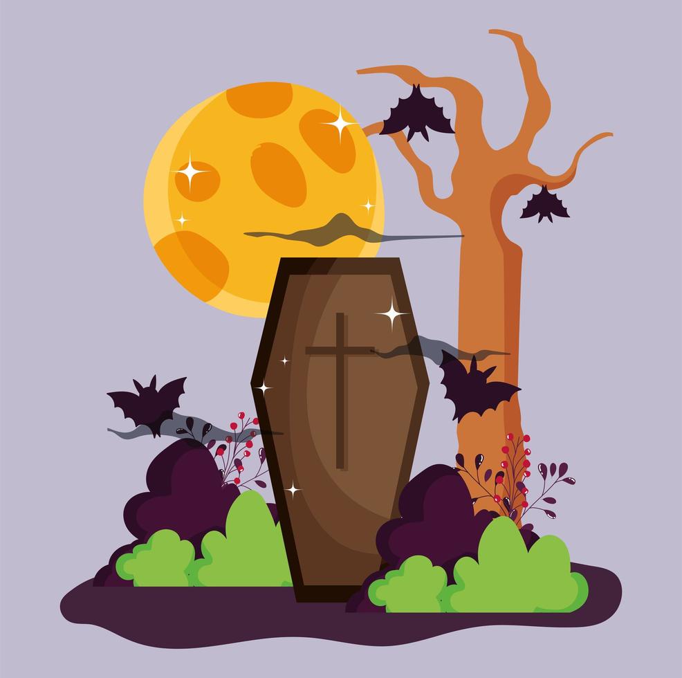 feliz halloween imagen con lindo ataúd vector