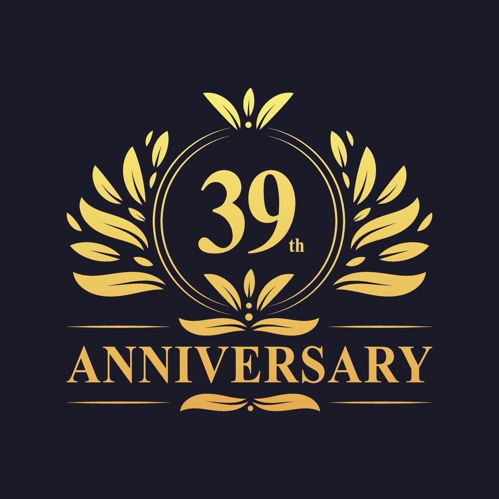 Diseño de 39 aniversario, lujoso logo de aniversario de 39 años de color dorado. vector