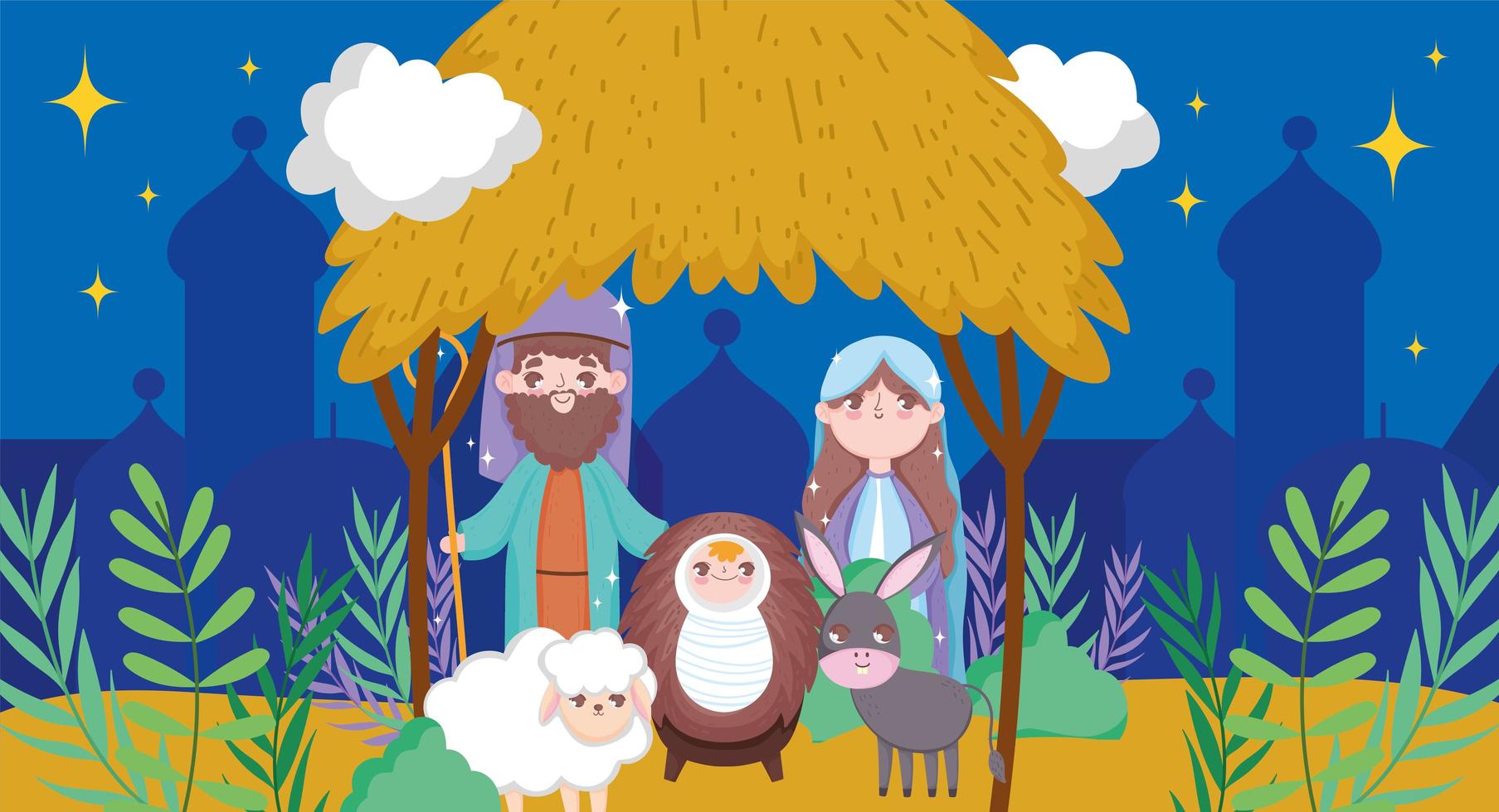 Merry Christmas and nativity with Mary, Joseph and baby Jesus vector