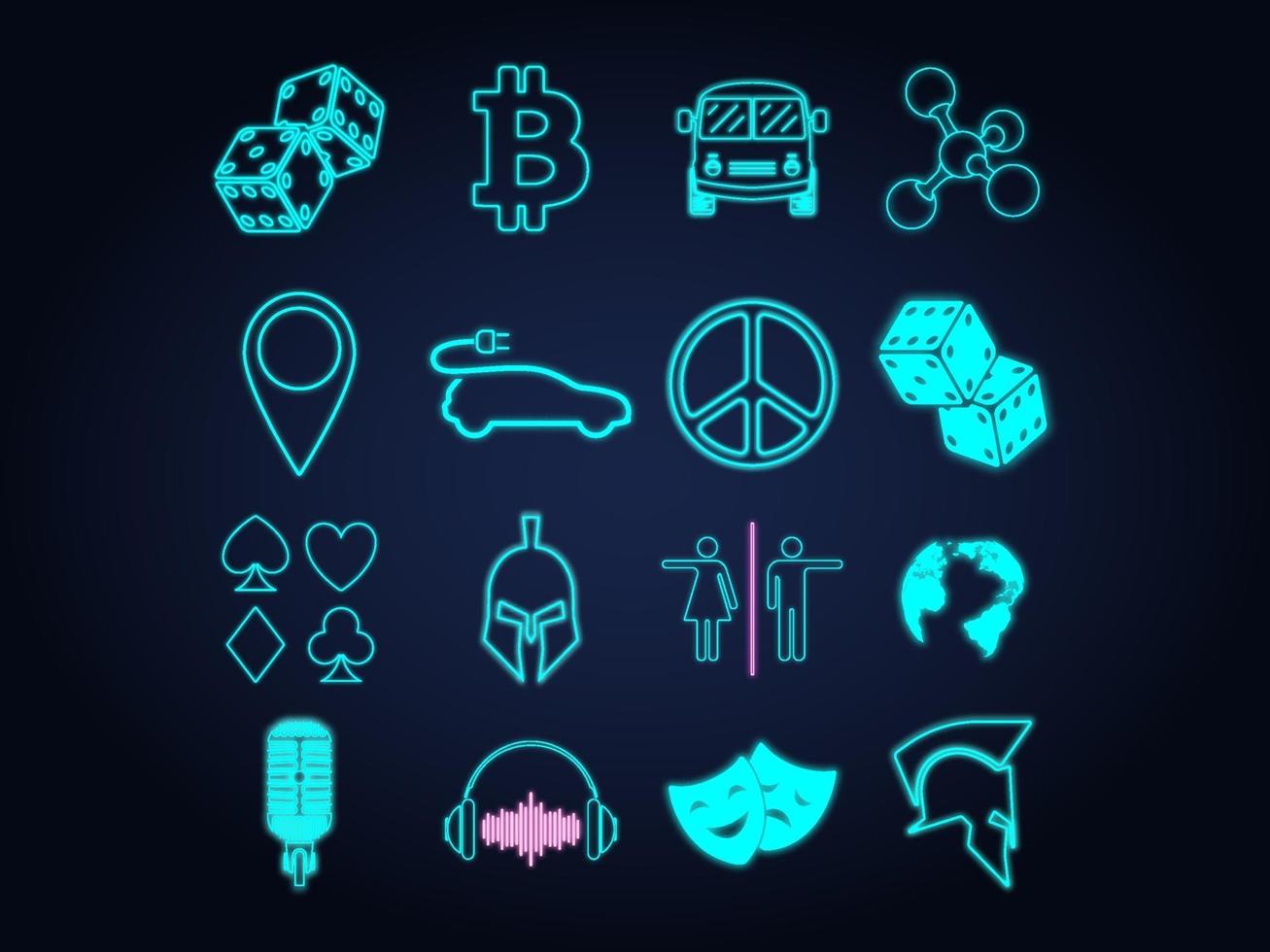 Neon light icon, sign, and symbol set. Vector illustration