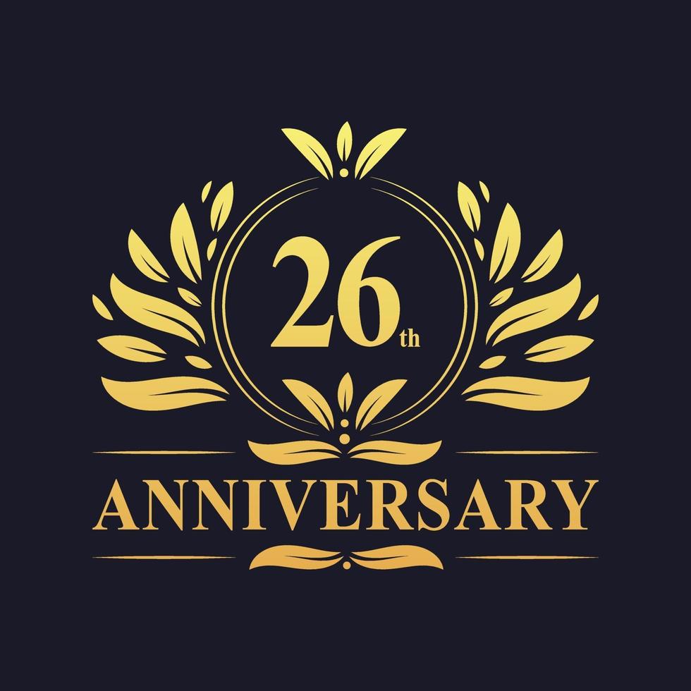 Diseño de 26 aniversario, lujoso logo de aniversario de 26 años de color dorado. vector