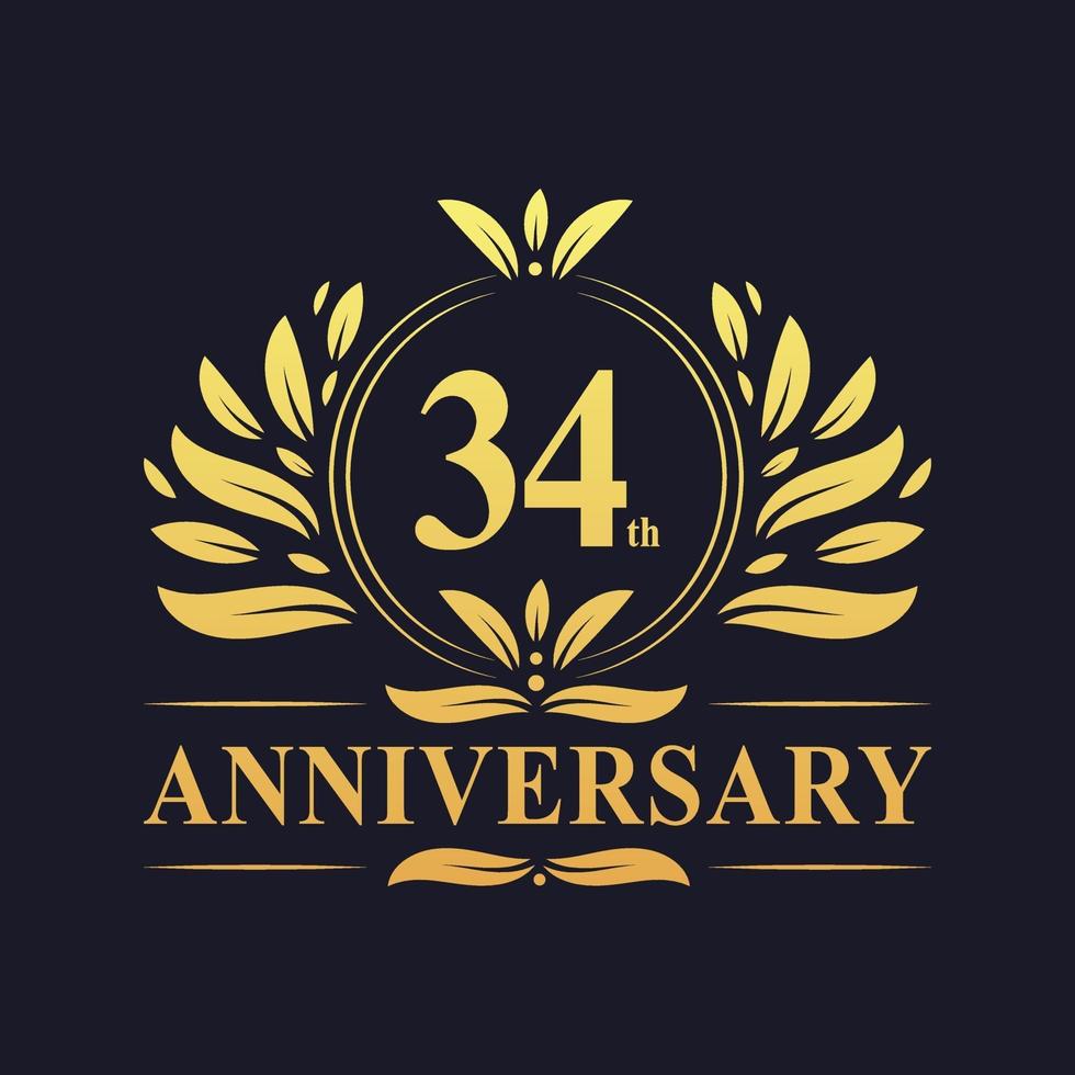 34th Anniversary Design, luxurious golden color 34 years Anniversary logo vector