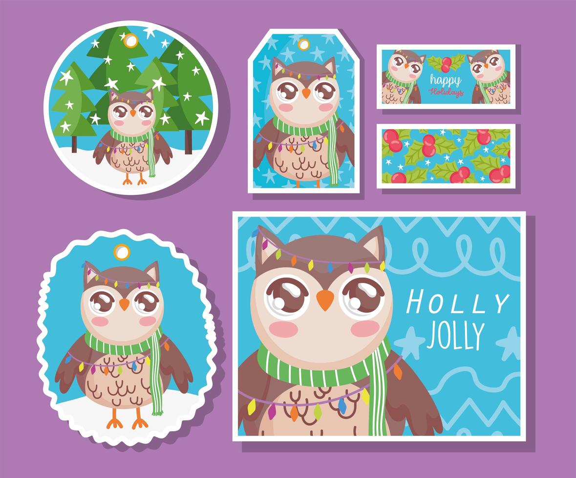 owl with scarf for Christmas celebration card set vector