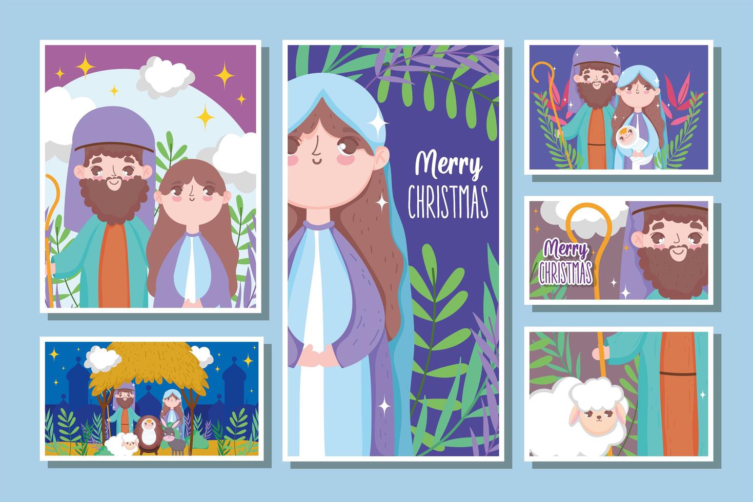 Merry Christmas and nativity card set vector