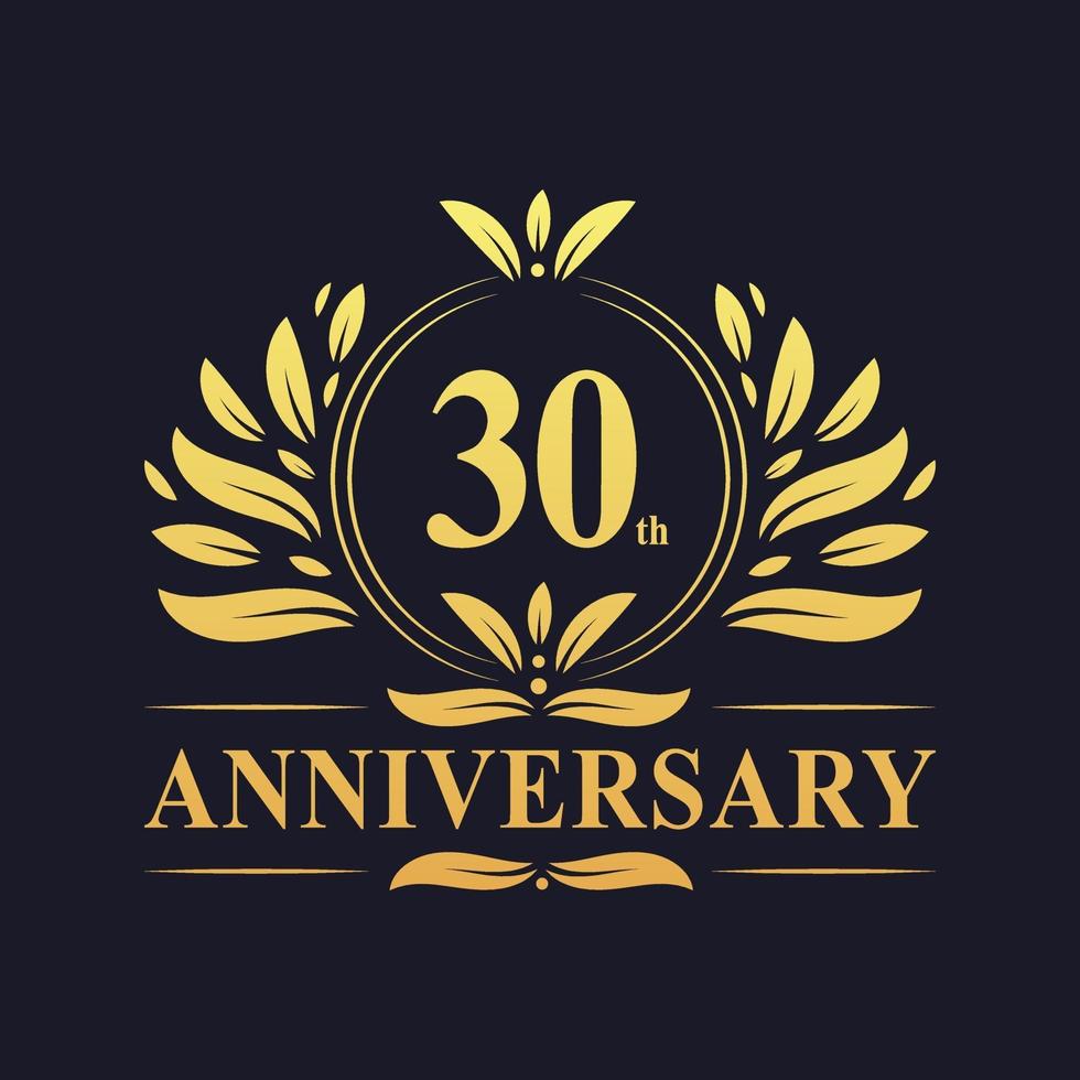 Diseño de 30 aniversario, lujoso logo de aniversario de 30 años de color dorado vector