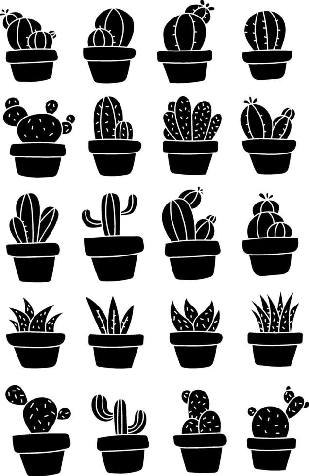 Black cactus plants in a pot icon set vector