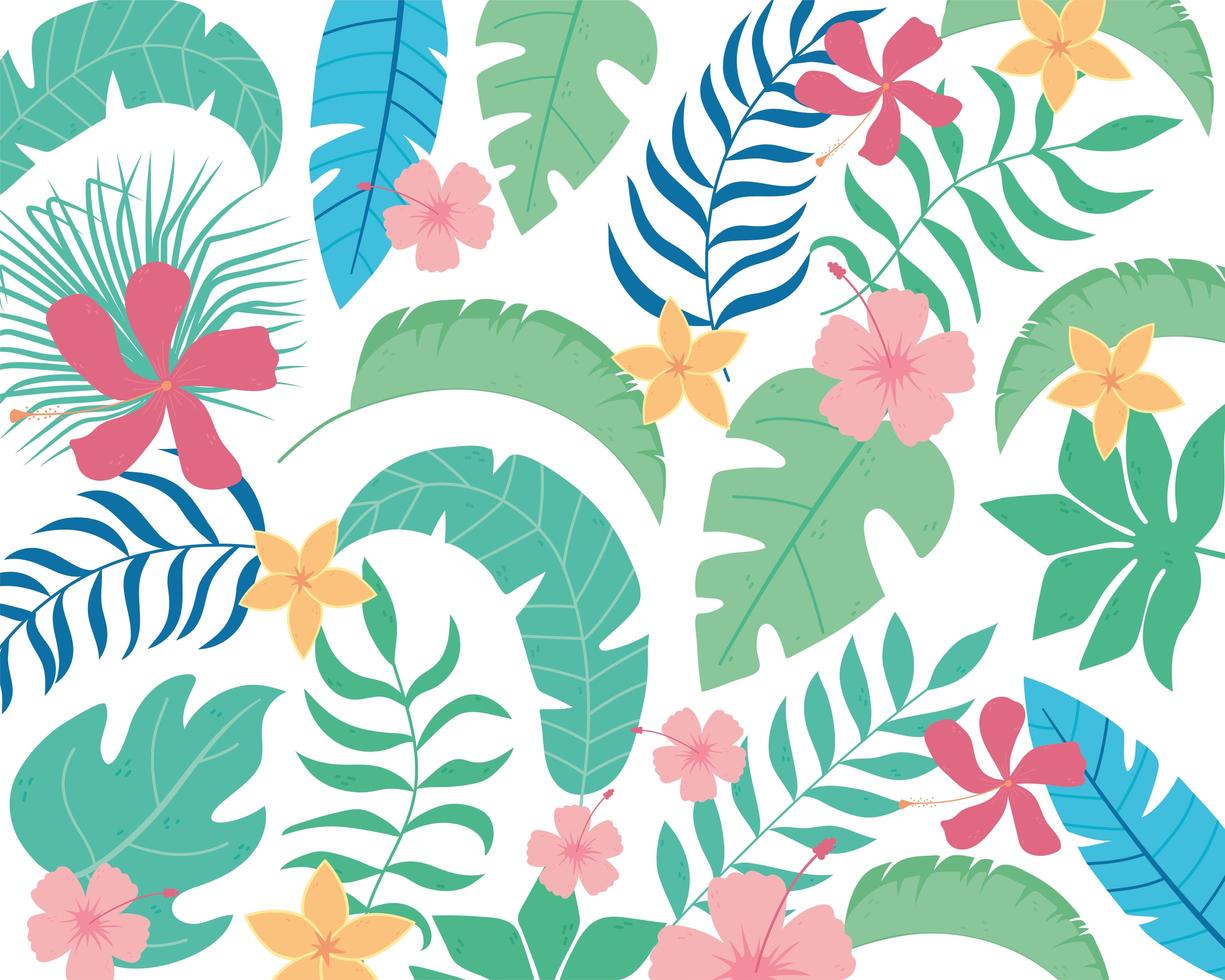 Summer tropical leaves and flowers background vector