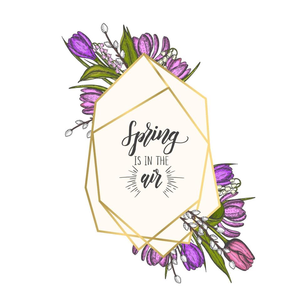 Spring frame with golden geometric diamond Shapes and hand drawn flowers - lilies of the valley, tulip, willow, crocus - isolated on white. Gold frames for wedding, birthday invitations vector