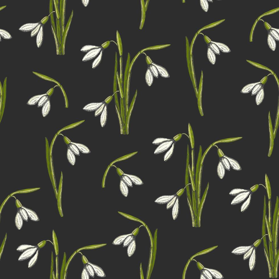 Spring seamless pattern with hand drawn snowdrops. Pattern can be used for wallpaper, web page background, surface textures. vector