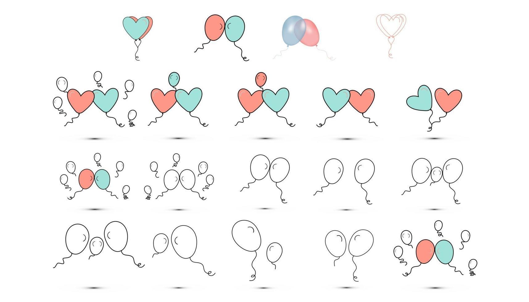 Simple flat style Set icons of beautiful two balloons for the feast of love on Valentine's Day or March 8th. Vector illustration.