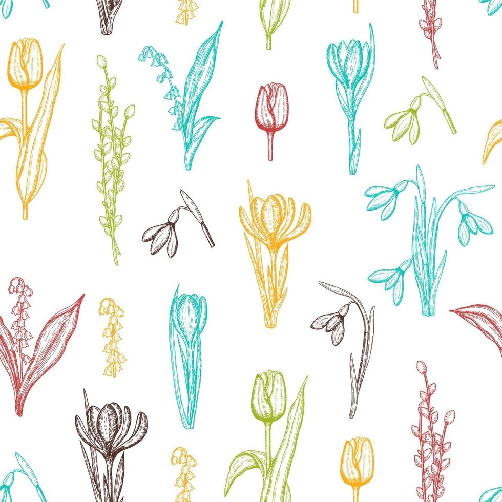 Spring seamless pattern with hand drawn flowers lilies of the valley, willow, tulip, snowdrop, crocus. Pattern can be used for wallpaper, web page background, surface textures. vector