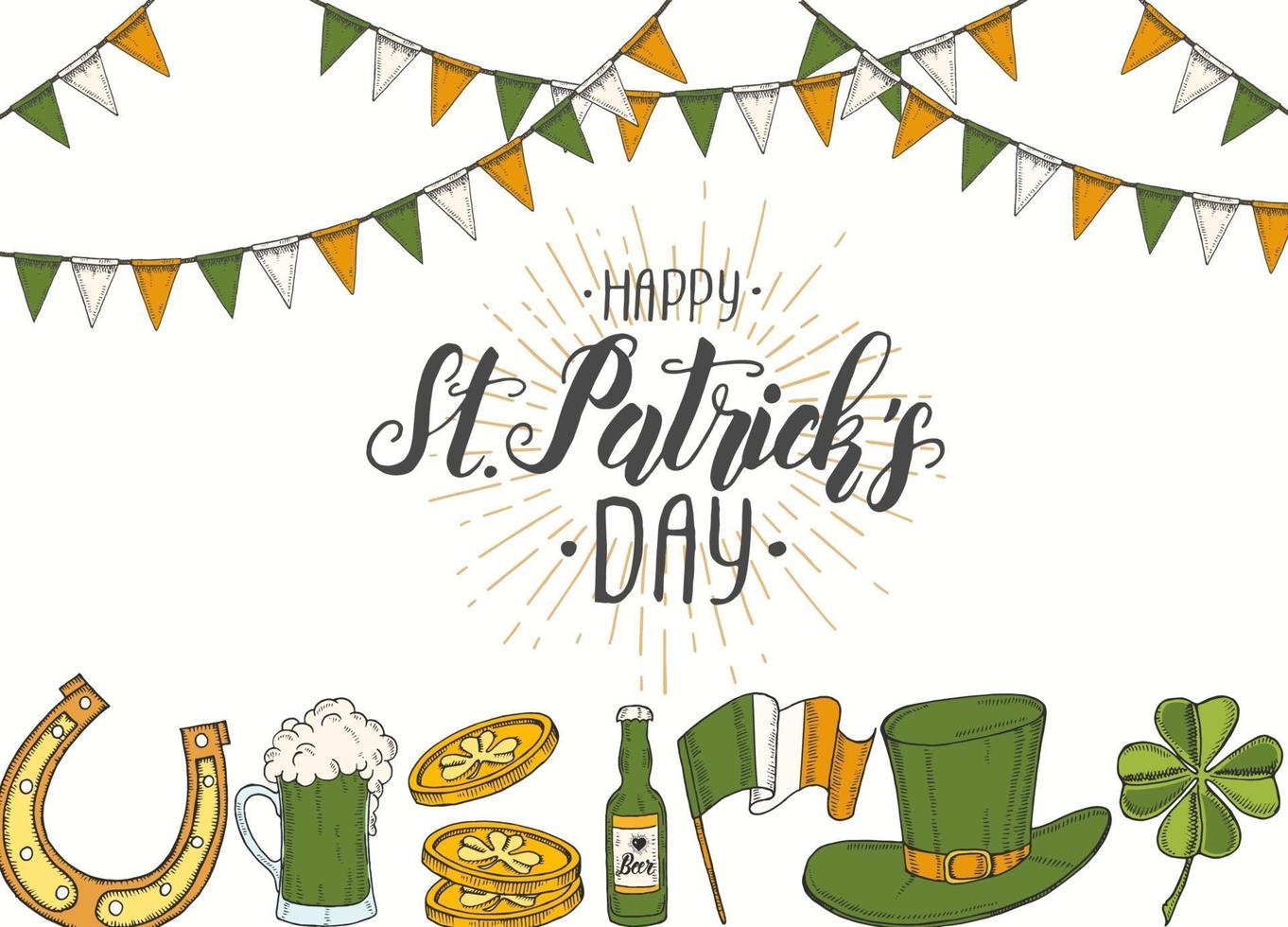 St Patrick's day poster with Hand drawn  St. Patrick's hat, horseshoe, beer, barrel, irish flag, four-leaf clover and gold coins. Lettering. Engraving illustrations vector