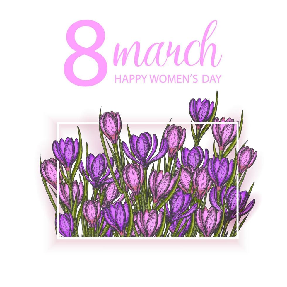 feliz día de la mujer. antecedentes del 8 de marzo día de la mujer. flores de primavera dibujadas a mano lila y azafrán rosa. dibujado a mano vintage conjunto de crocus. vector