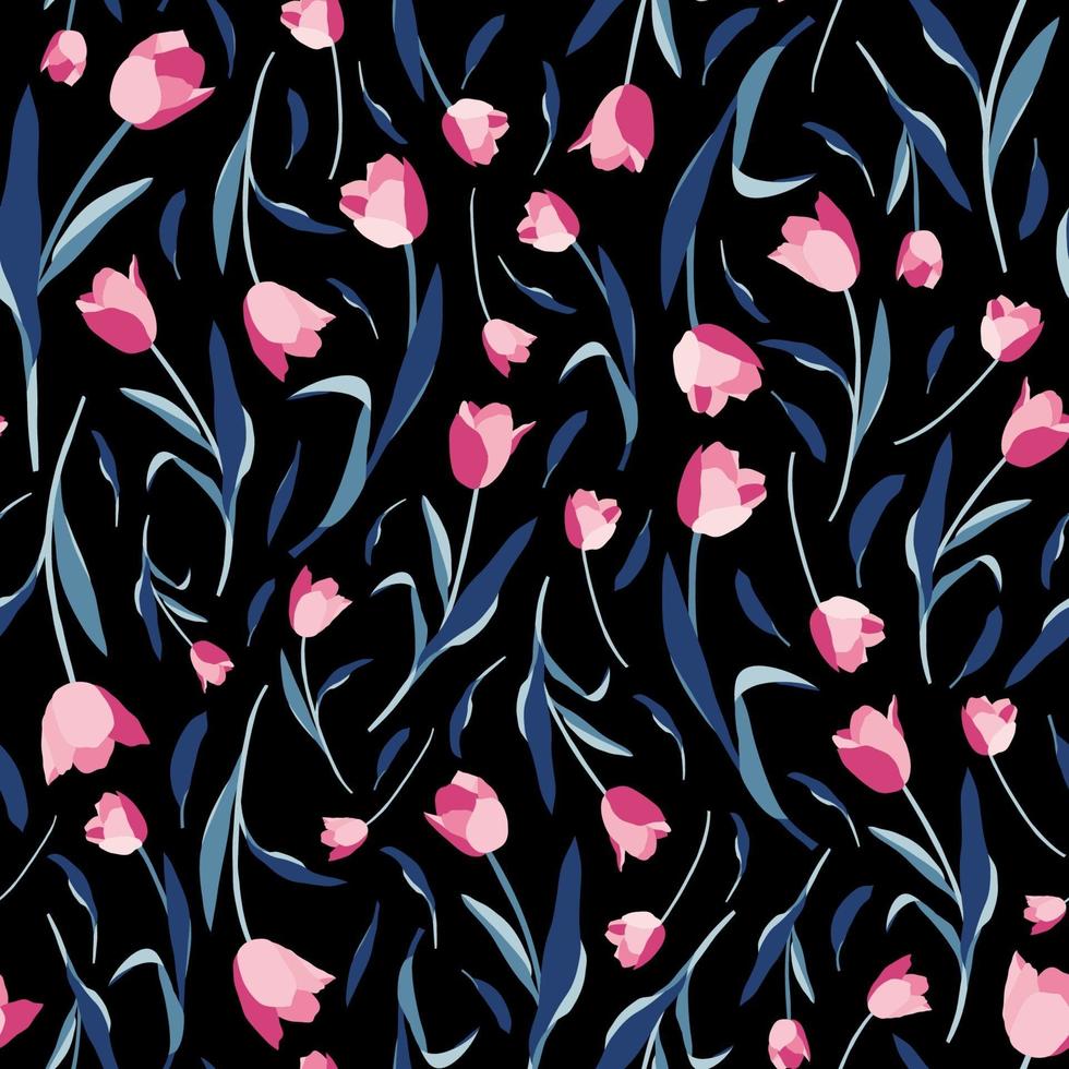 Tulips flowers and leaves seamless pattern on black background vector