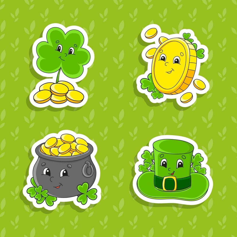 Coin clover pot hat cartoon sticker set vector