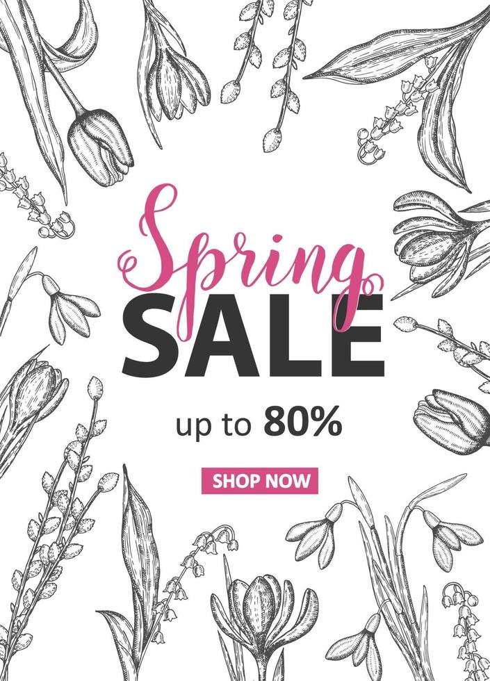Spring Sale Up to 80 off Card with hand drawn flowers-lilies of the valley, tulip, snowdrop, crocus. Hand made lettering vector