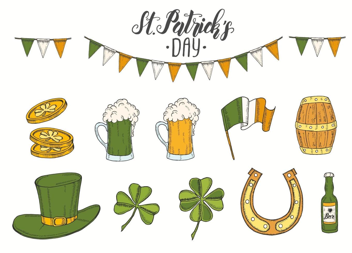 día de san patricio con st dibujado a mano. sombrero de patrick, herradura, cerveza verde, barril, bandera irlandesa, trébol de cuatro hojas y monedas de oro. letras. ilustraciones de grabado vector