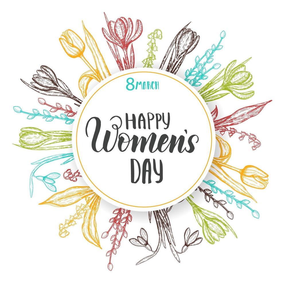 Happy Womens Day. Vector background to the 8th of March Women's Day. Spring card with lettering, frame and hand drawn colored flowers-lilies of the valley, tulip, willow, snowdrop, crocus