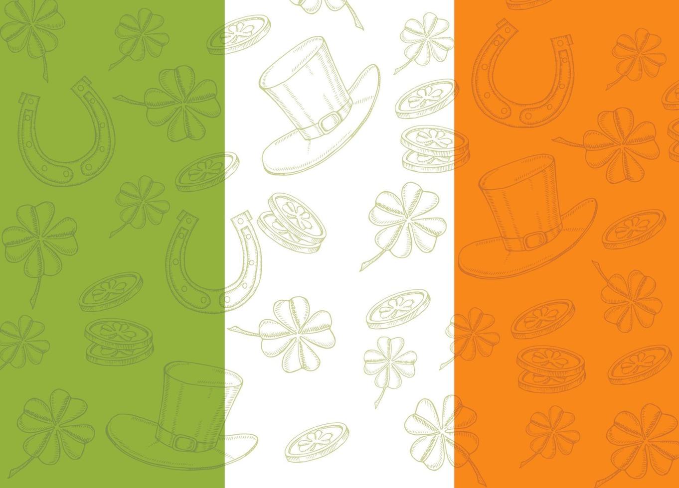 cartel del día de san patricio en la bandera irlandesa. dibujado a mano doodle st. sombrero de patricio, herradura, trébol de cuatro hojas y monedas de oro. vector