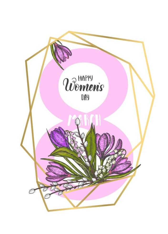 Women's Day frame with golden geometric diamond Shapes and hand drawn flowers - lilies of the valley, tulip, willow, crocus - isolated on white. Gold frames 8th of March. Lettering vector