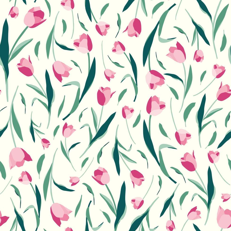 Tulipanes flores y hojas de patrones sin fisuras sobre fondo blanco. vector
