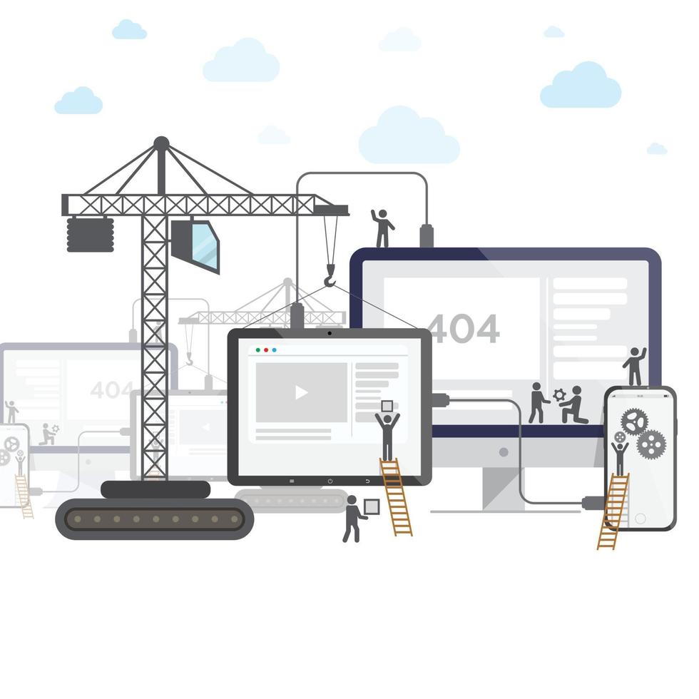 Flat design of website under construction, web page building process with figure stick people. Set up your phone and tablet. vector