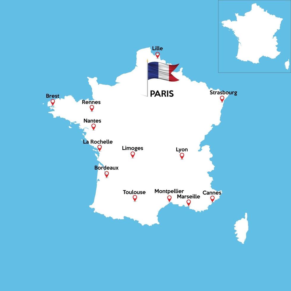 A detailed map of France with indexes of major cities of the country. National flag of the state. vector