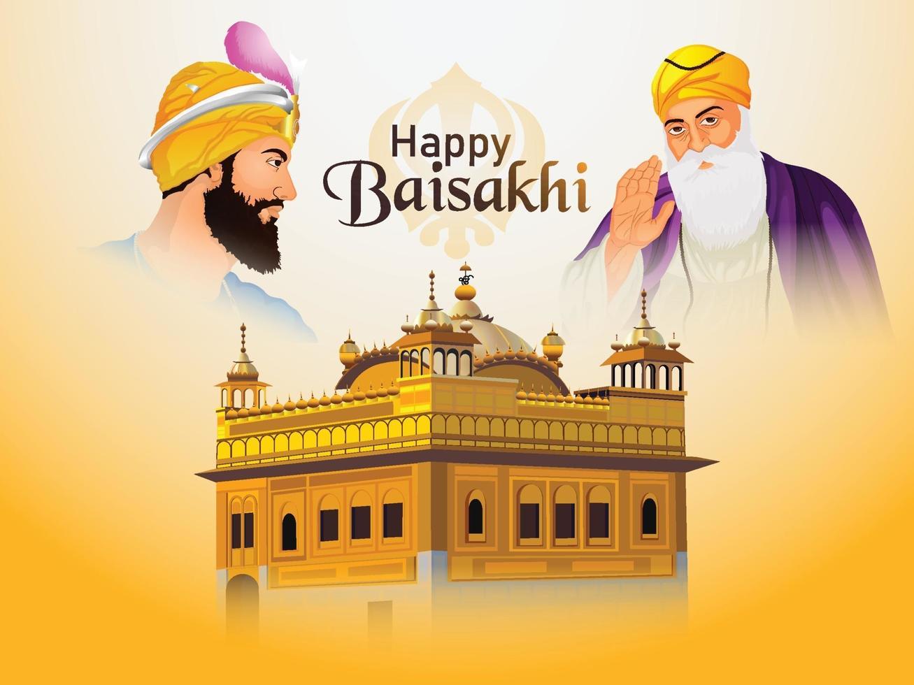 Happy vaisakhi background with illustration of guru gobind singh and guru nanak dev ji and golden temple vector