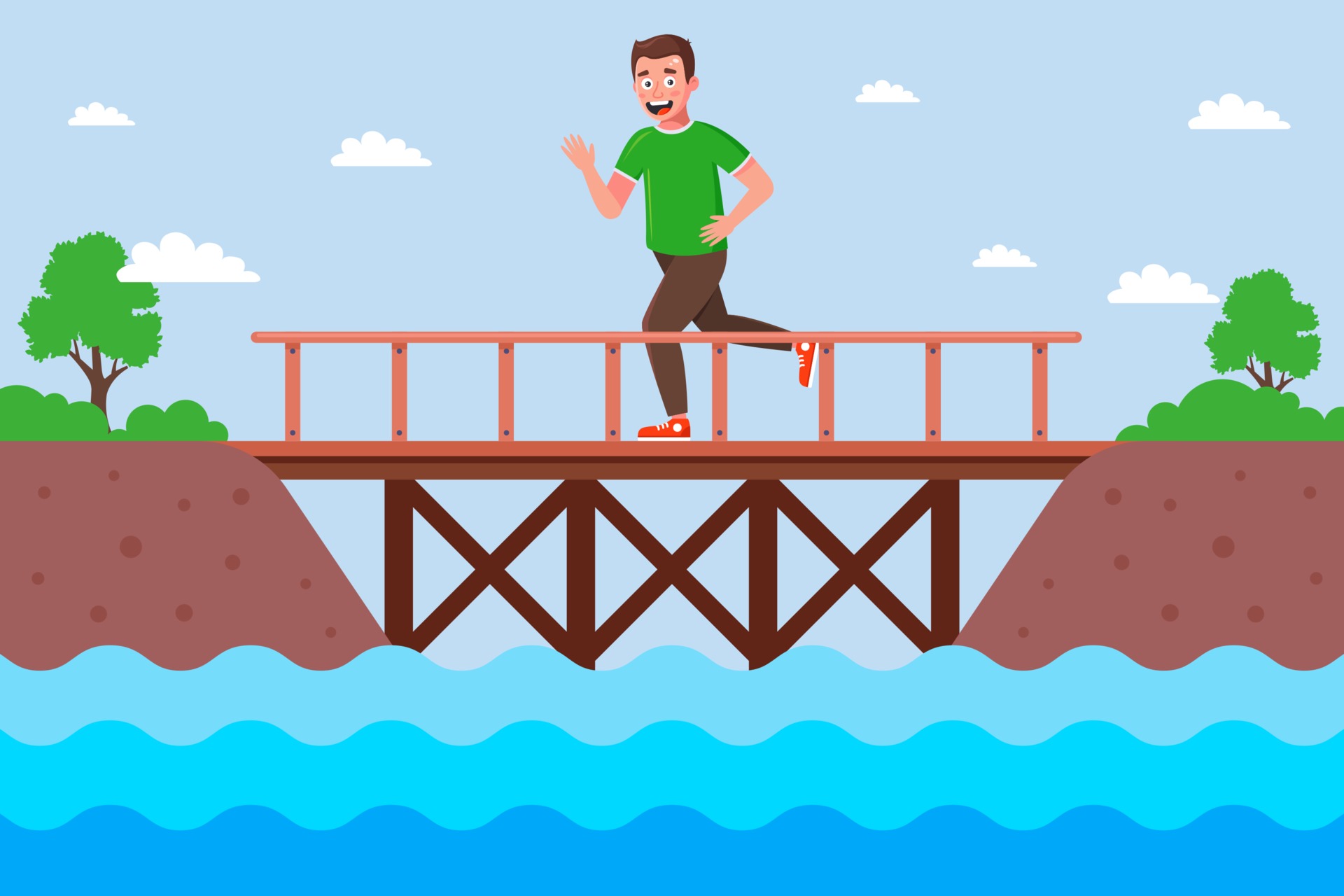 corredor masculino cruza el río por un puente de madera. ilustración vectorial plana. 2056616 corredor masculino cruza el río por un puente de madera. ilustración vectorial plana. 2056616