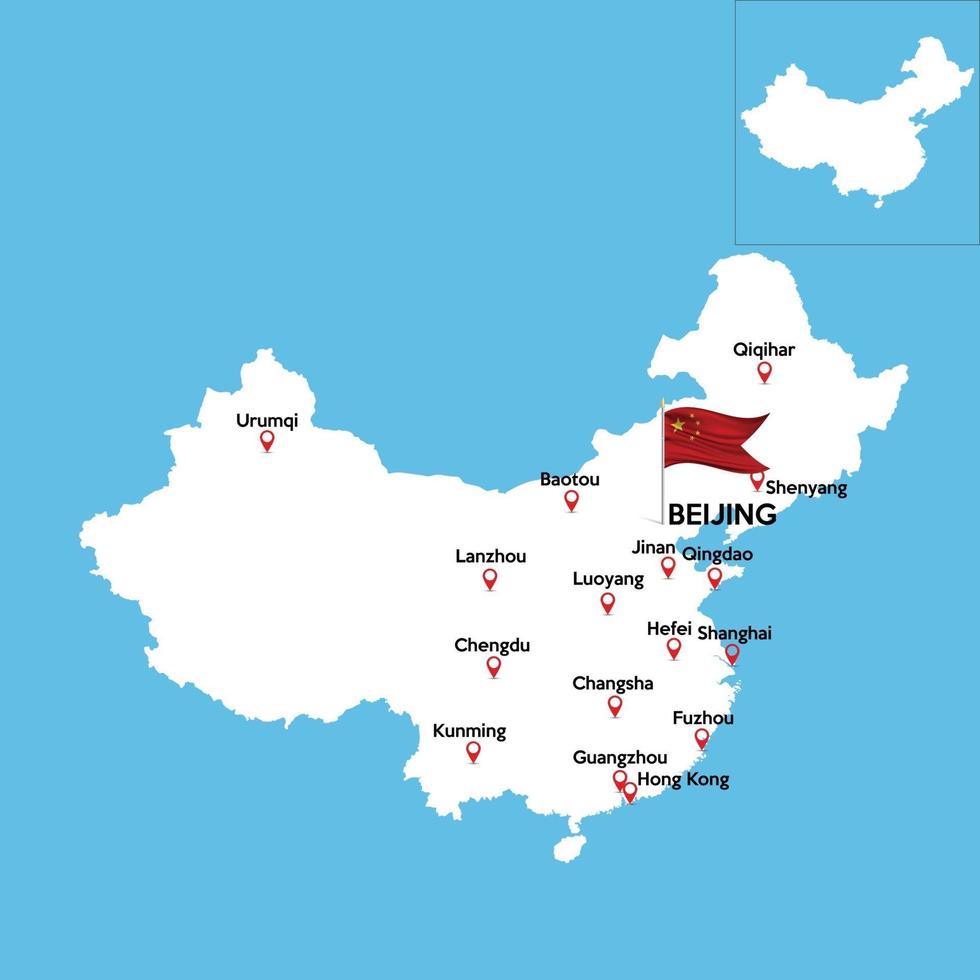 A detailed map of China with indexes of major cities of the country. National flag of the state. vector