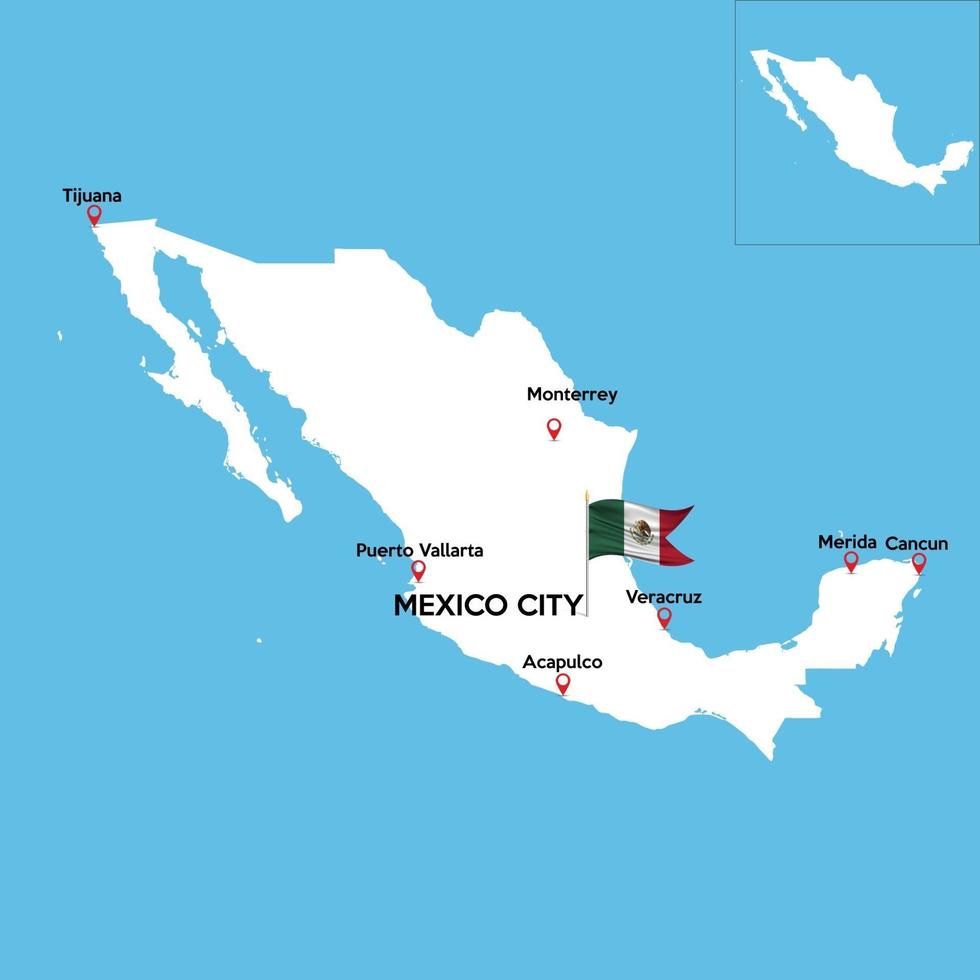 un mapa detallado de méxico con índices de las principales ciudades del país. bandera nacional del estado. vector