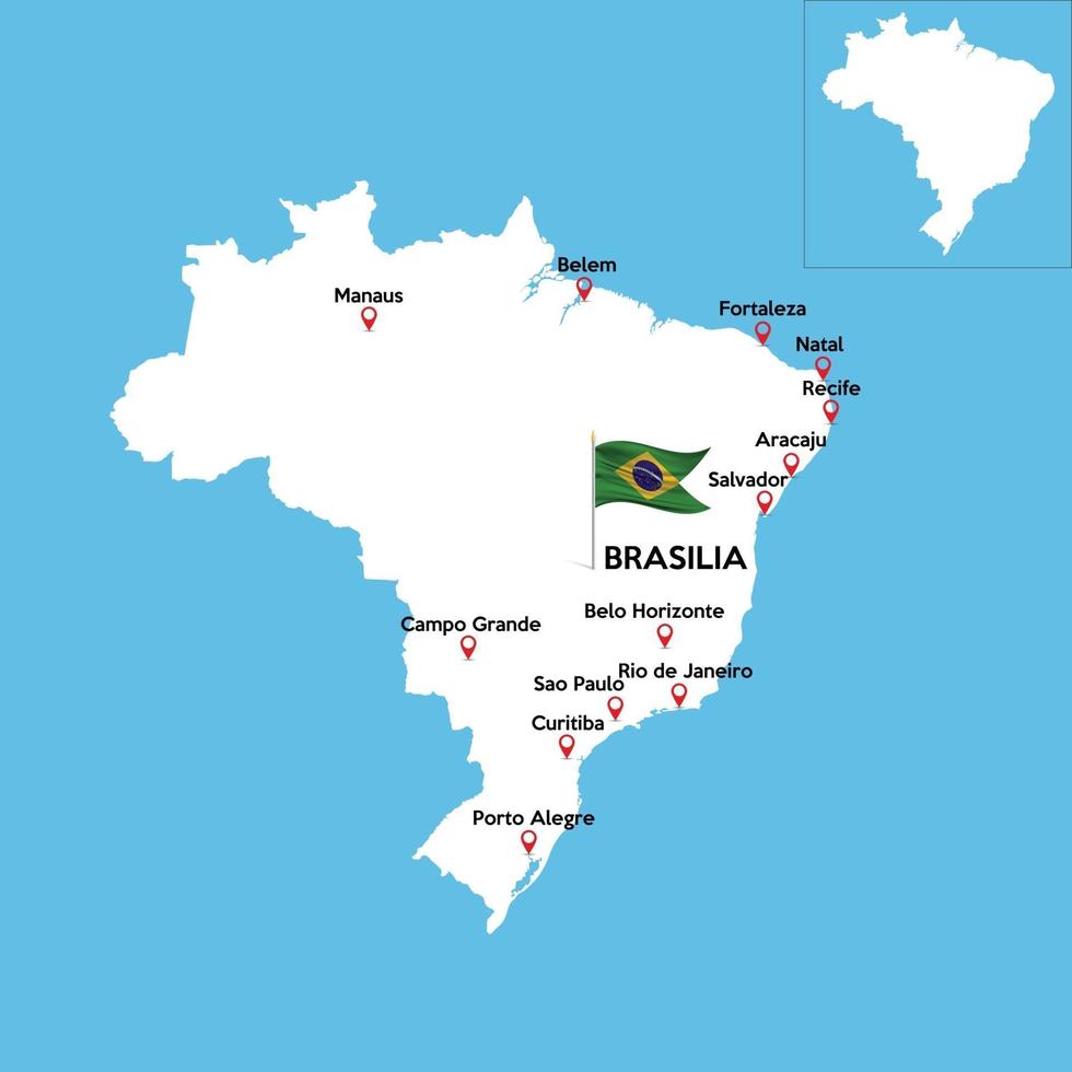 A detailed map of Brazil with indexes of major cities of the country. National flag of the state. vector