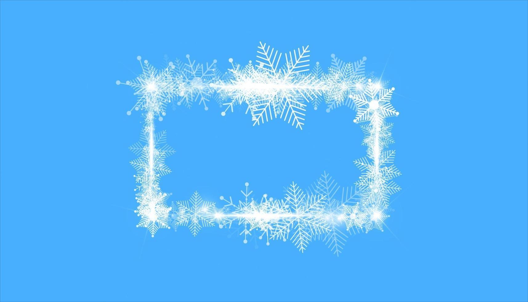 borde de marco rectangular de nieve de invierno con estrellas, destellos y copos de nieve sobre fondo azul. banner navideño festivo, tarjeta de felicitación de año nuevo, postal o invitación ilustración vectorial vector