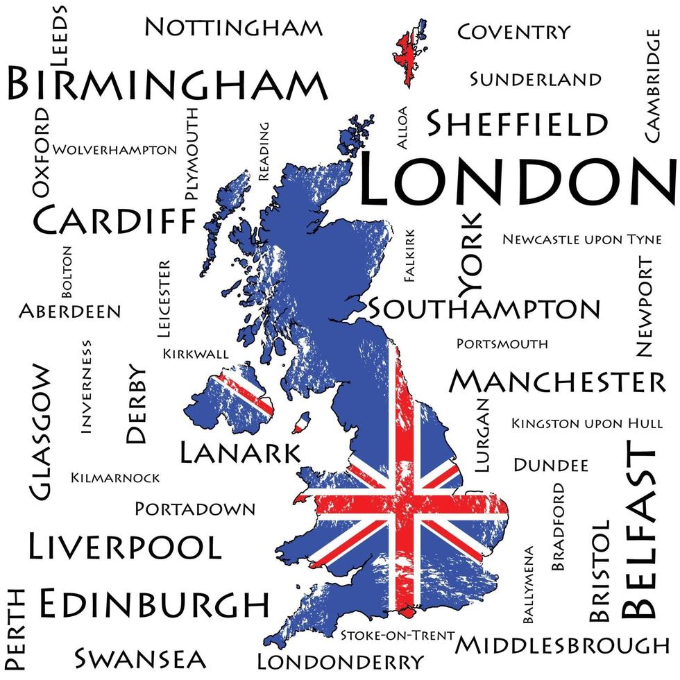 Great Britain map. Flag. The name of the largest cities. vector