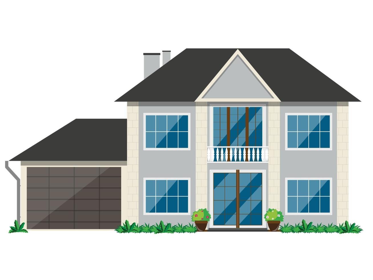 The facade of a house with bushes and a tree on a white background. The building has two floors and a balcony. vector