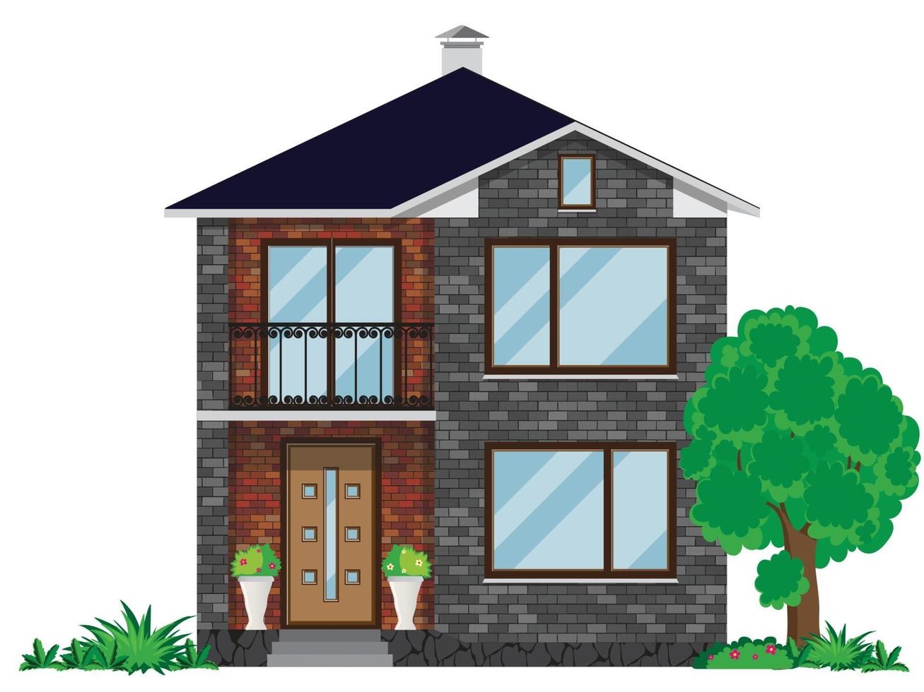 The facade of a brick house with a balcony. Two-story building with a tree and green bushes on a white background. vector