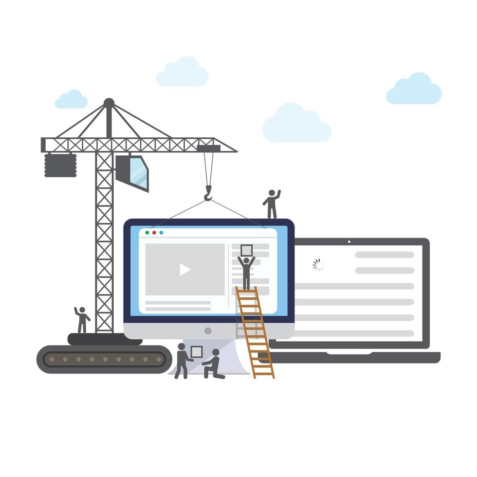 Flat design of website under construction, web page building process with figure stick people. vector