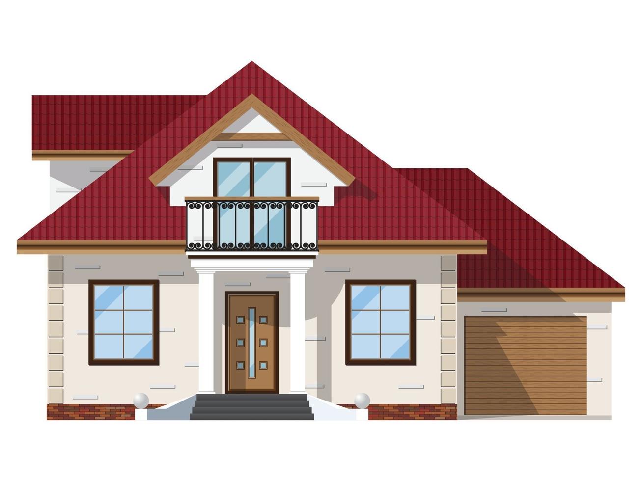 The facade of brick house with a balcony and garage. Two-story building on a white background. vector