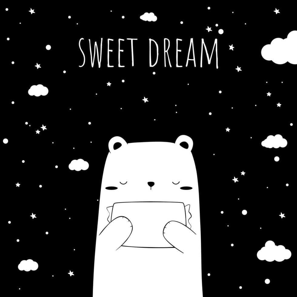 Cute black and white polar bear hugging pillow sleeping cartoon doodle card vector