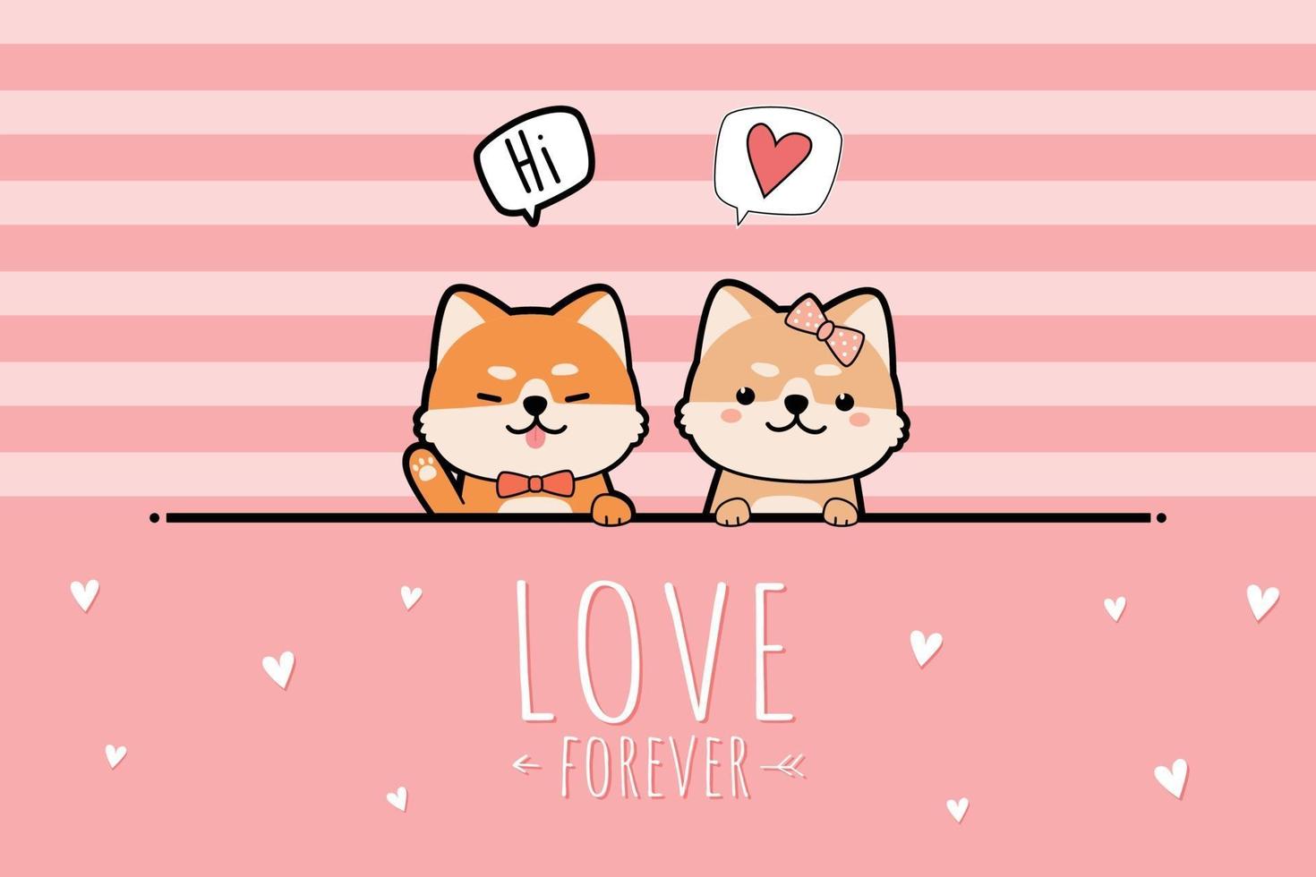 Cute shiba inu puppy lover greeting cartoon, doodle pink pastel valentine card vector